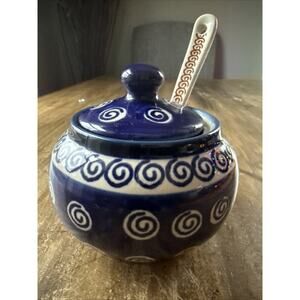 Polish Pottery Sugar Bowl & Spoon – Handmade Stoneware by Zaklady Boleslawiec